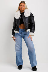 faux fur collar crop aviator jacket womens