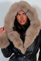 womens leather look jacket with fur collar and cuff black styledup