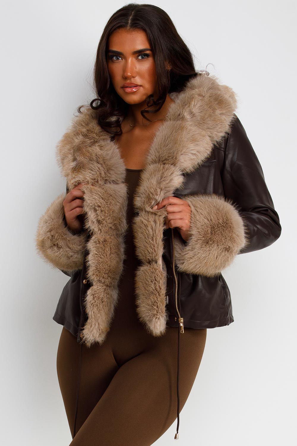 womens faux leather jacket with faux fur hood brown adjustable drawstring waist styledup uk