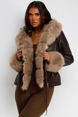 womens faux leather jacket with faux fur hood brown adjustable drawstring waist styledup uk
