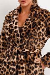 faux fur belted coat with button fastening leopard print