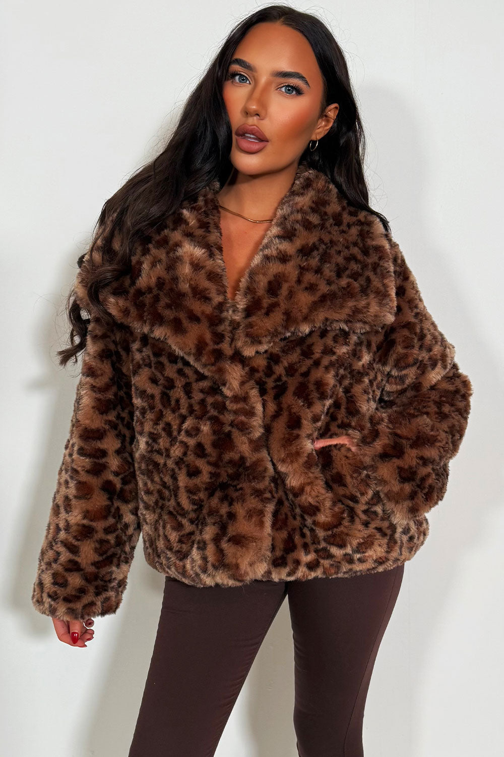 faux fur animal print jacket with lapel collar styledup