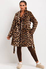 womens leopard print faux fur coat with belt and collar longline styledup