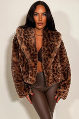 leopard print faux fur jacket with collar styledup