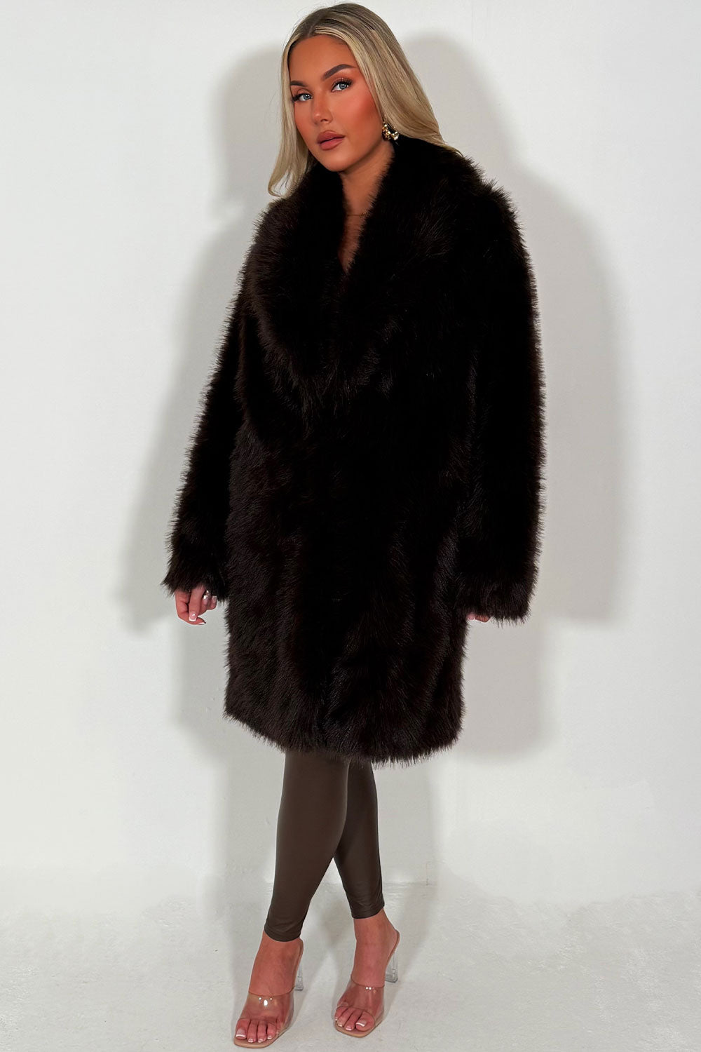 womens longline faux fur coat brown styledup