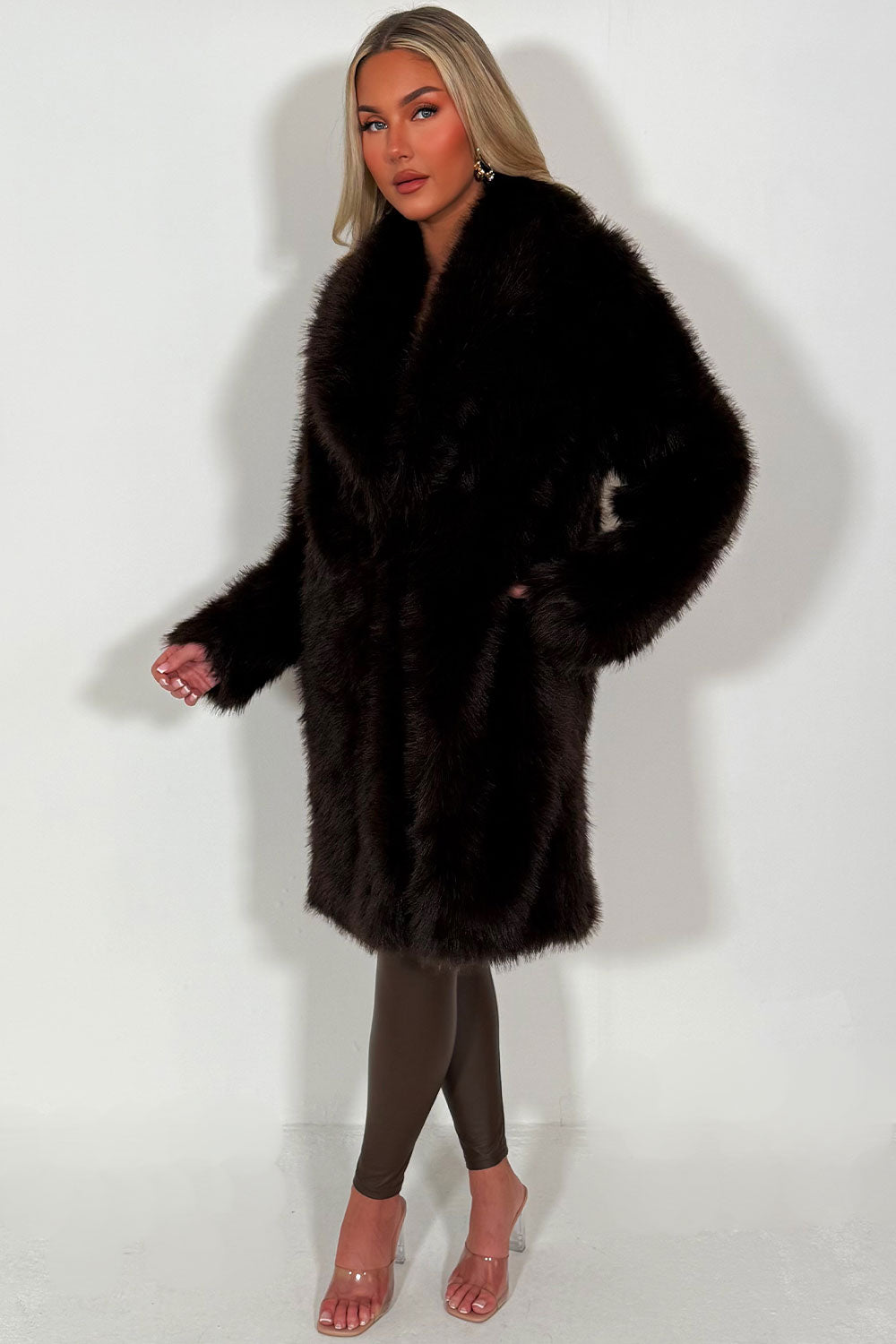 faux fur long coat brown styledup for womens 