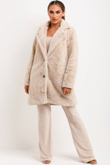 faux fur coat with belt and button fastening beige