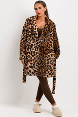 leopard print faux fur coat with belt for womens