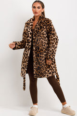 leopard print fur coat with belt and button fastening for womens