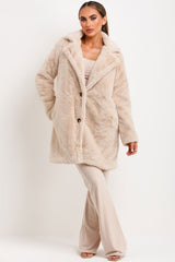 faux fur belted coat with button fastening beige