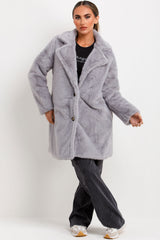 faux fur belted coat with button fastening grey