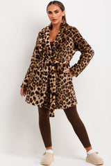 womens leopard print faux fur coat with belt