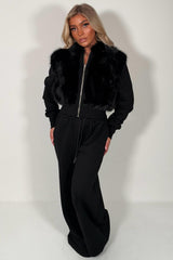 womens faux fur hoodie and joggers two piece co ord set styledup uk