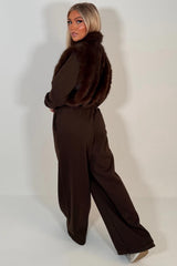 womens brown faux fur zip up jacket and joggers two piece tracksuit co ord set styledup uk