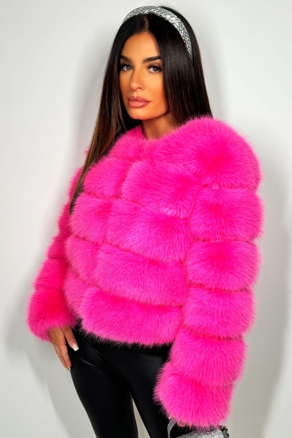 neon pink faux fur coat womens cropped