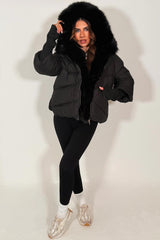 black fur hood puffer jacket with fur trim on the front womens outerwear winter jacket styledup