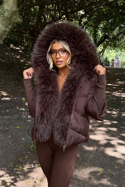 brown faux fur hood puffer jacket for womens styledup uk