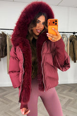 burgundy fur hood puffer jacket with fur trim on the front womens outerwear winter jacket styledup