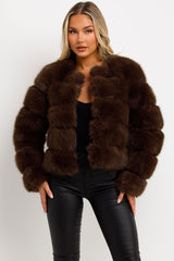womens faux fur bubble panelled cropped jacket