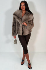 taupe colourway faux fur jacket for womens with collar styledup