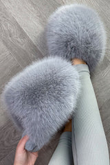 womens fluffy faux fur slippers styled up 