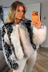 womens contrast fur plush jacket in beige and black winter outerwear uk