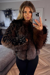 womens brown contrast fur plush jacket in camel and black winter outerwear uk