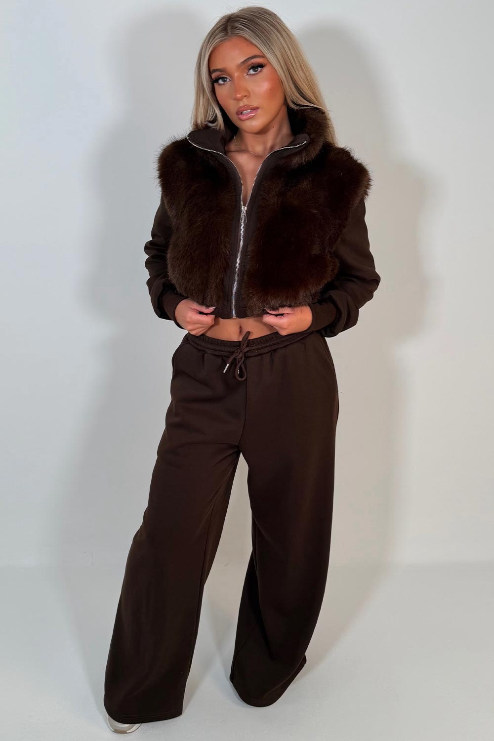 faux fur crop zip up jacket and wide leg joggers two piece co ord set black styledup uk