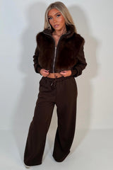 faux fur crop zip up jacket and wide leg joggers two piece co ord set black styledup uk