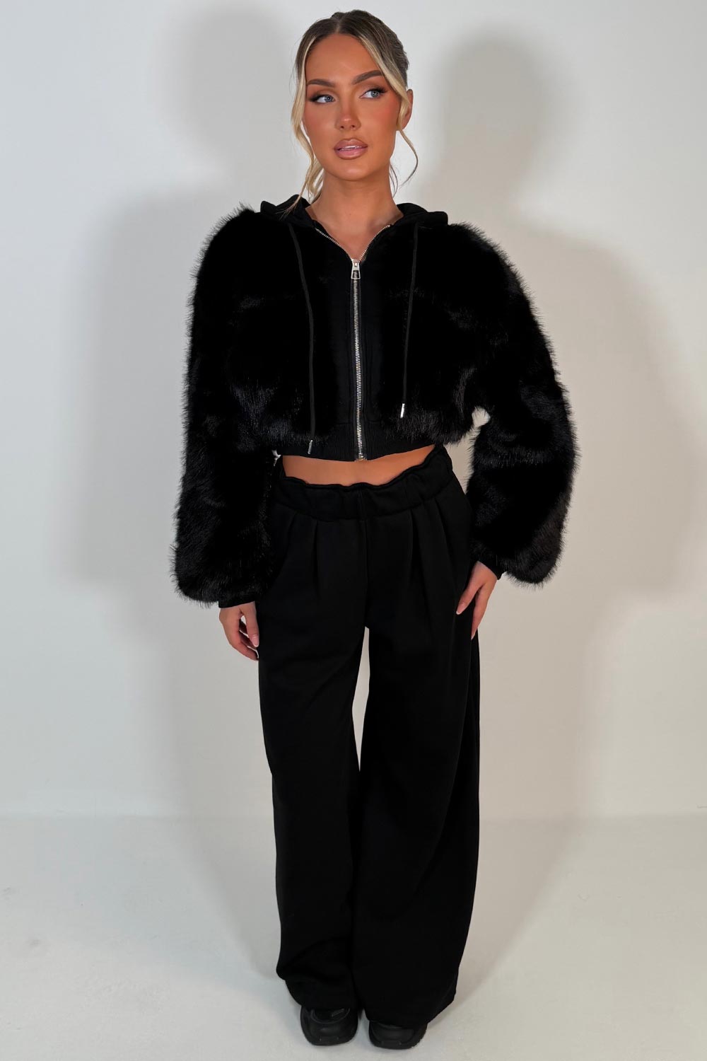 faux fur hoodie and joggers two piece co ord loungewear set for winter styledup uk sale