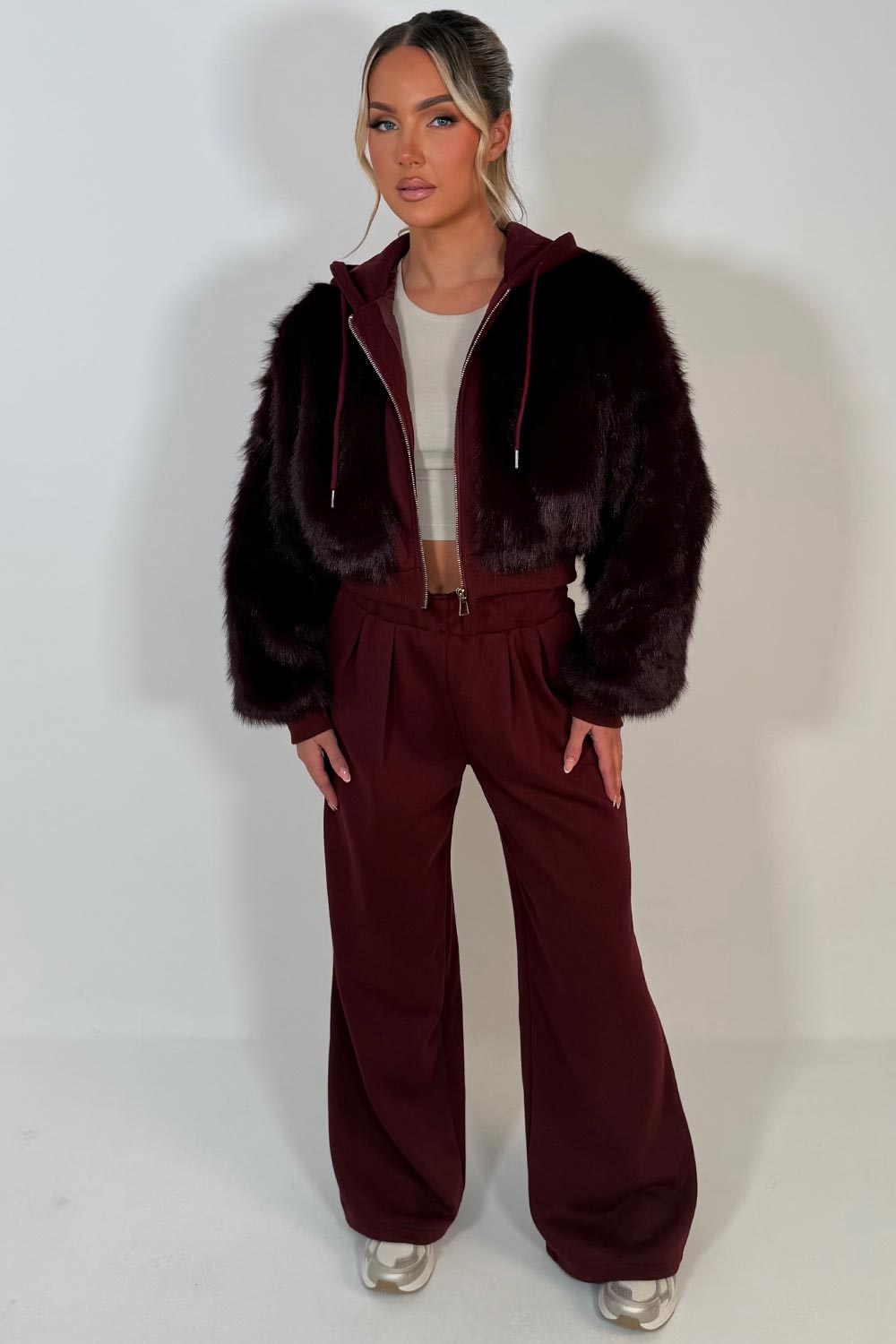 faux fur hoodie and joggers two piece loungewear co ord set styledup uk