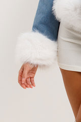 womens white faux fur and cuff denim jacket with tie waist belt christmas outfit