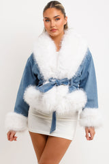 white faux fur cut and trim denim jacket for womens styledup