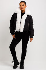 womens white fur trim crop puffer jacket