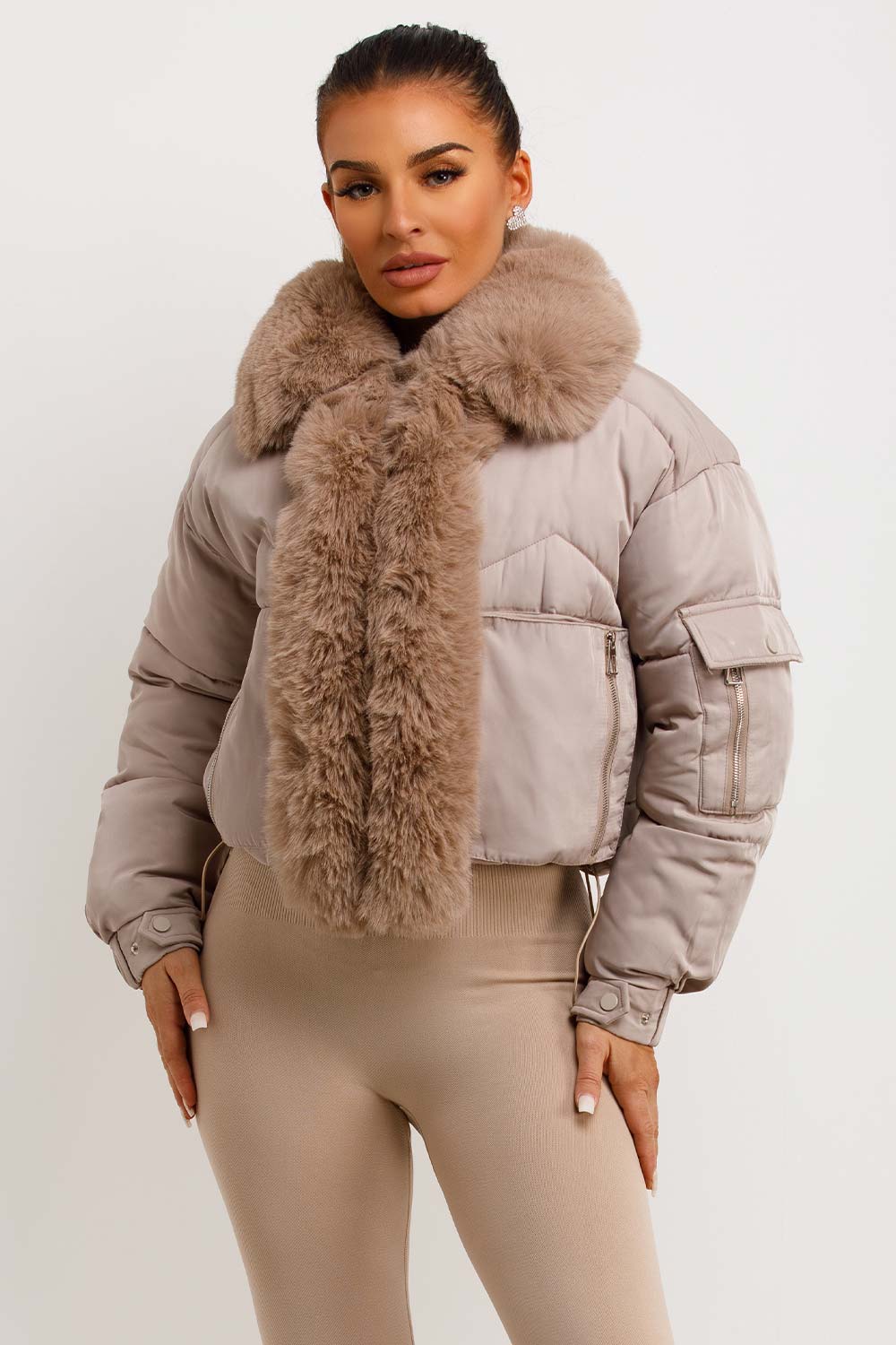 puffer jacket with fur trim womens