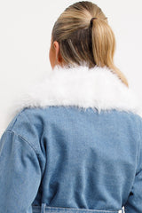 womens white faux fur cuff and collar denim jacket christmas markets outfit