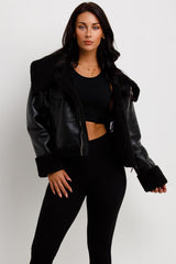 womens faux leather faux shearling aviator jacket black
