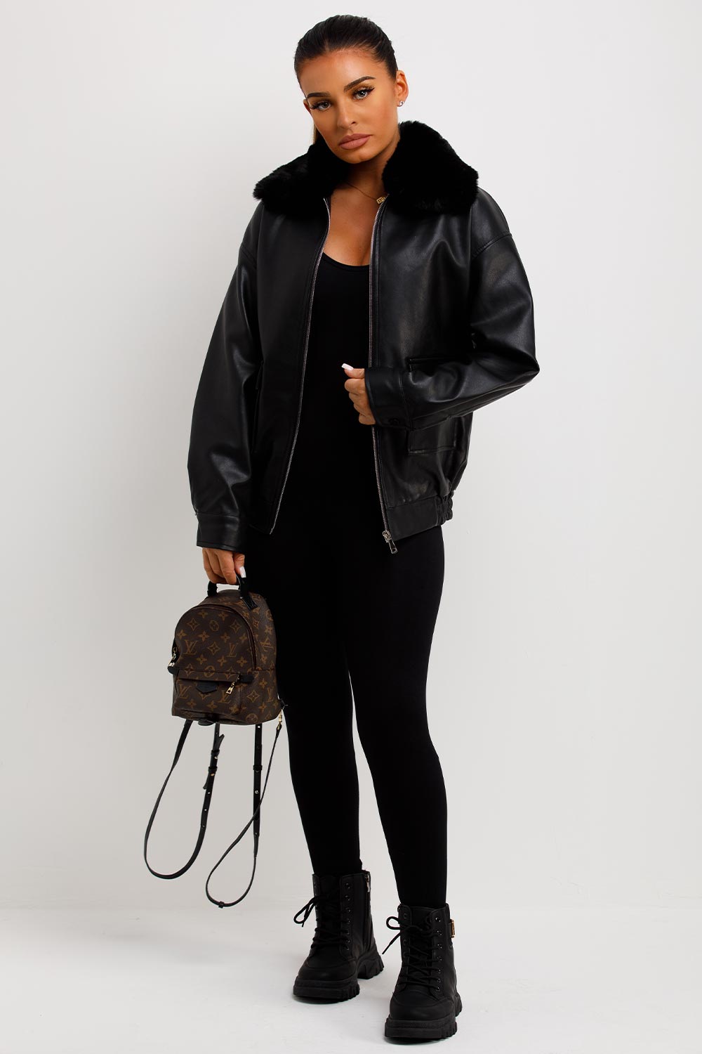 faux leather jacket with faux fur collar