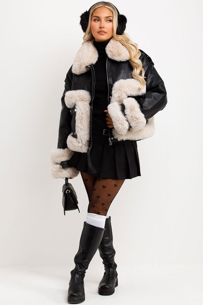 faux leather faux fur aviator jacket black