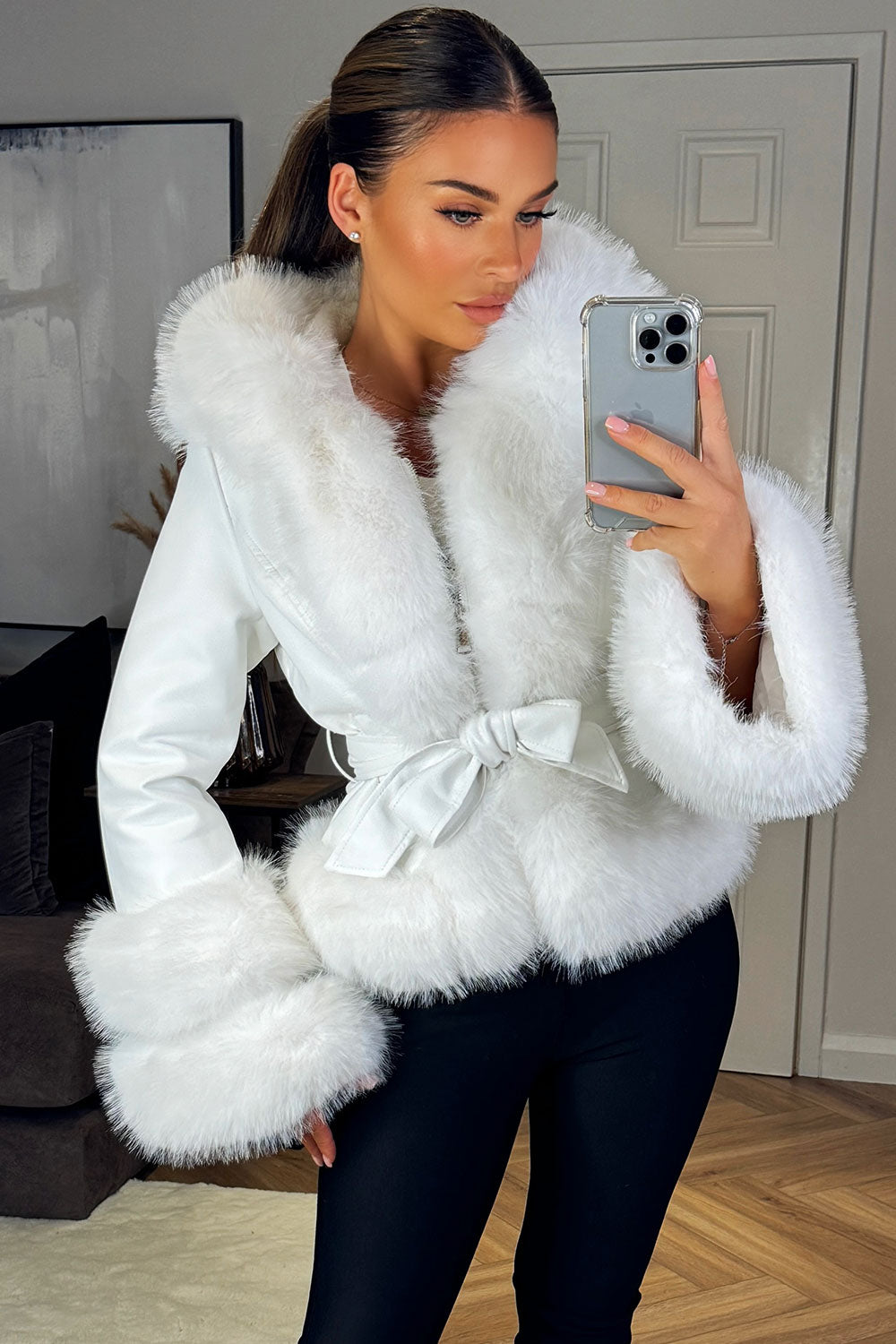 White leather coat with cheapest fur collar