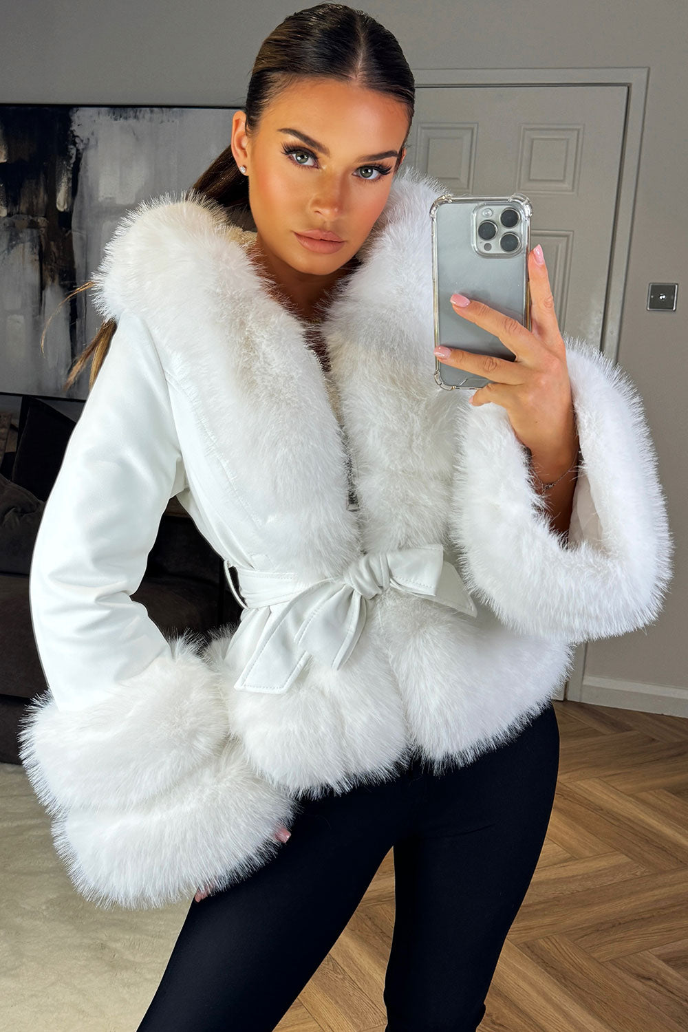 Women s Faux Leather Fur Coat With Hood And Belt White Styledup