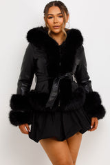 crop fur coat with hood and belt womens styledup