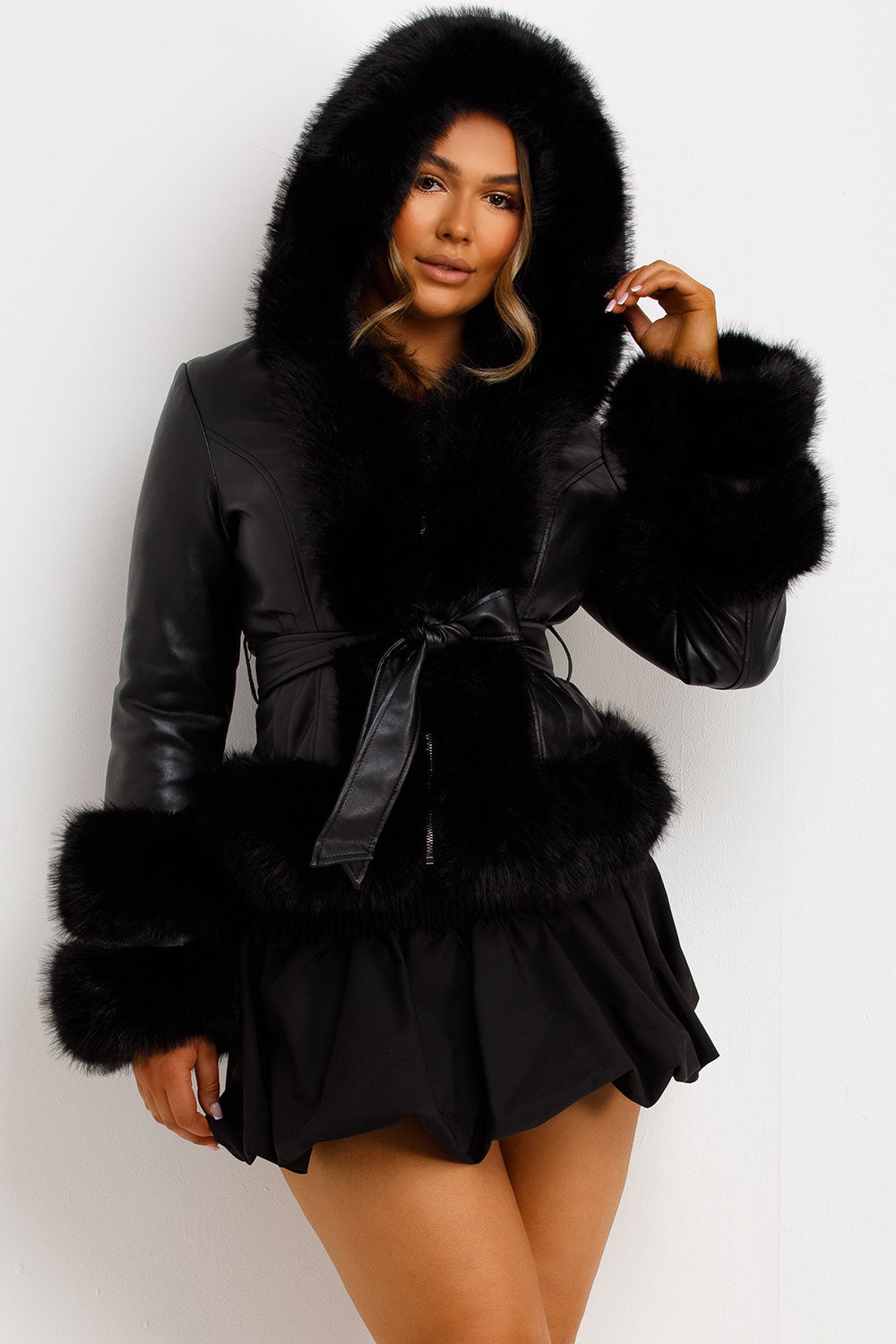 faux leather faux fur hood coat with belt zara womens