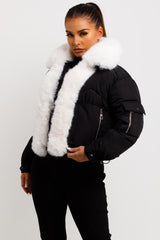 womens faux fur trim puffer jacket black