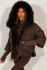 faux fur trim puffer jacket for winter with fur hood womens outerwear styledup 