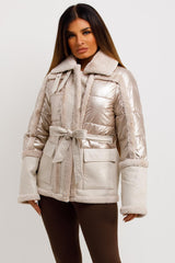 faux fur faux suede shiny padded jacket womens