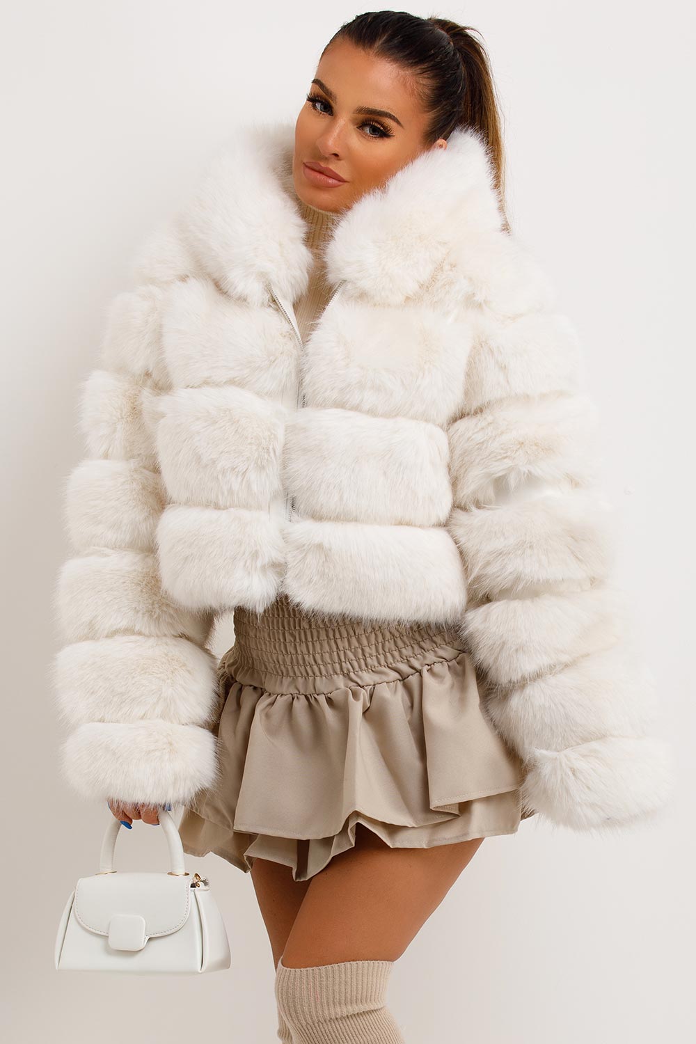 womens white faux fur bubble coat cropped