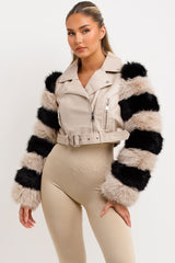 faux fur sleeve faux leather crop aviator jacket styledup