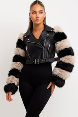 contrast faux fur sleeve faux leather jacket