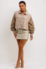 womens tweed jacket with faux leather sleeves